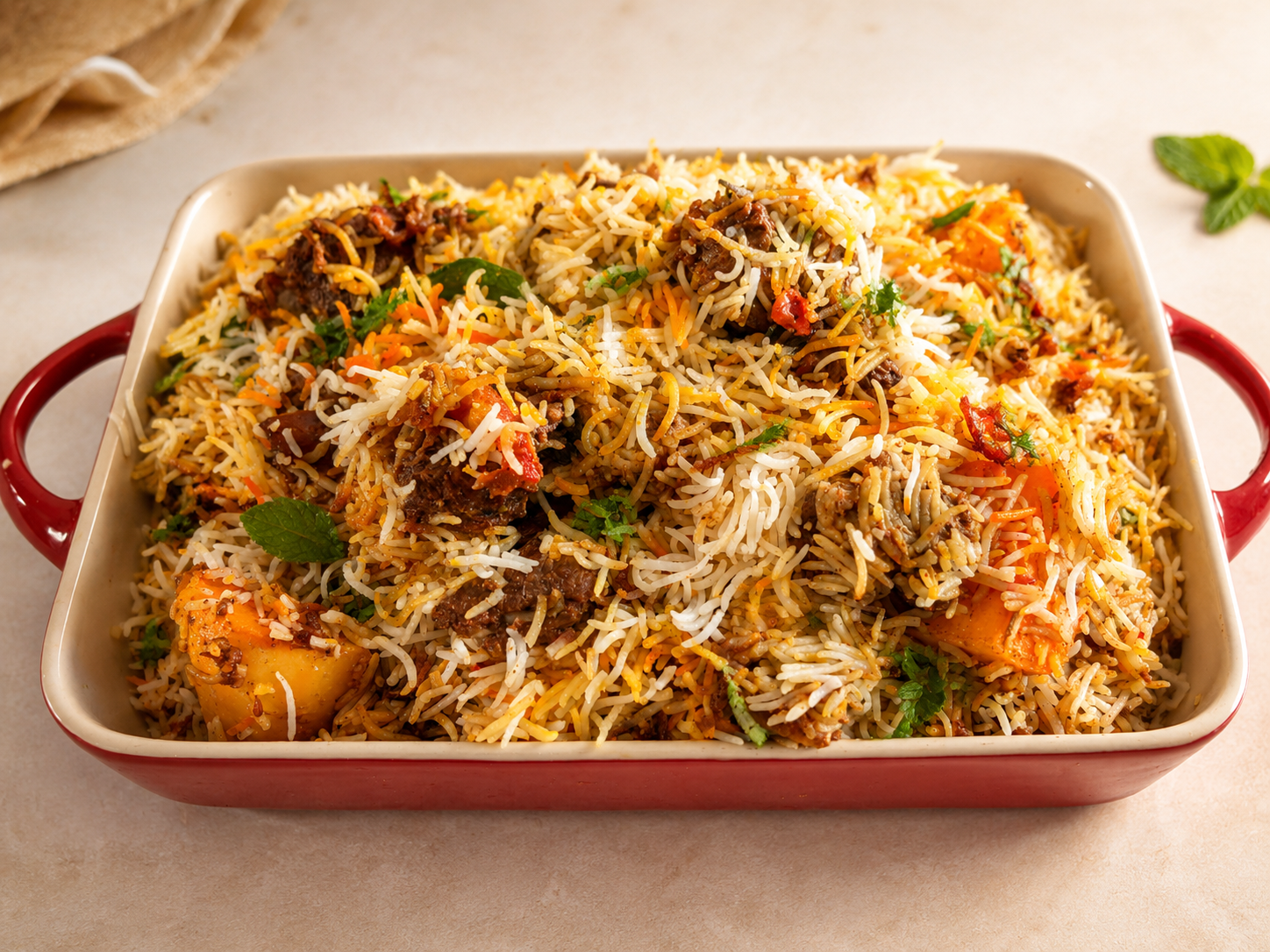 A generous Karachi Flavours biryani tray ready for sharing